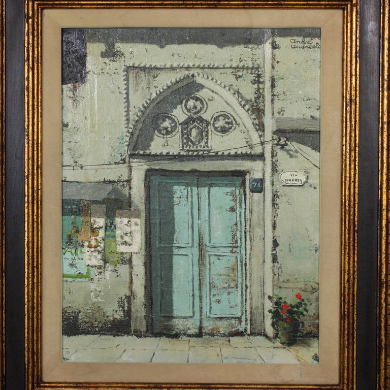 71 via Cimarra, Roma is the address of this fascinating oil on canvas painting by Andre Andreoli. A double door with an ecclesiastical Gothic arch entrance way, in a warm Mediterranean blue all highlighted on sun bleached white walls with frayed