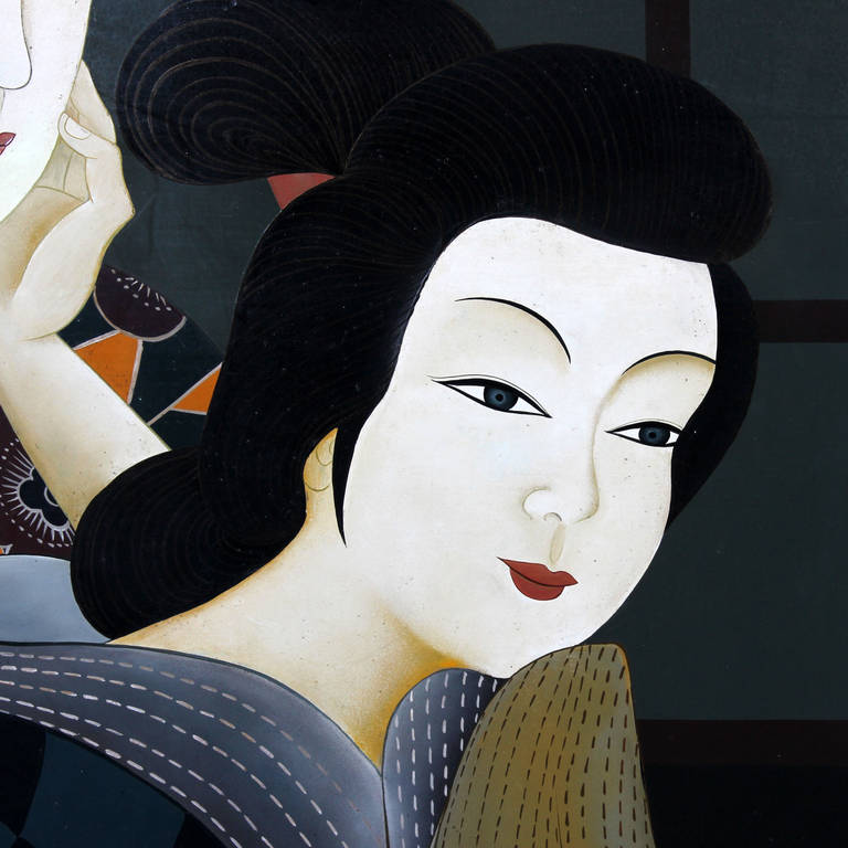 Large Oil on Wood Painting of Two Japanese Women In Excellent Condition In Palm Beach, FL