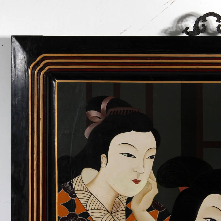 Chinoiserie Large Oil on Wood Painting of Two Japanese Women