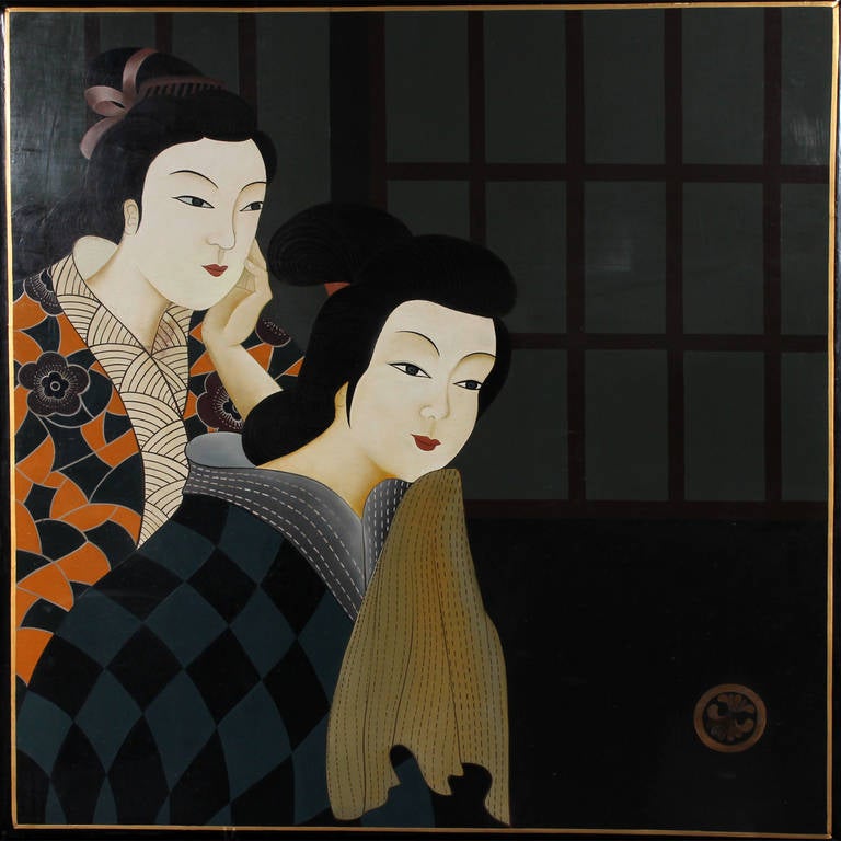 A dark, mysterious and sensual painting of two Japanese women painted on a raised wood board which incorporates the ebonized frame. The frame with gilt and red decorated linear accents, in the Art Deco manner. Intriguing combination of old world