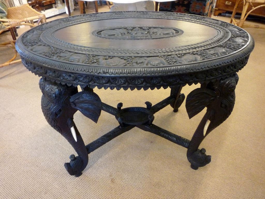 Anglo Indian Carved Table with Elephants Heads and Bone Tusks
