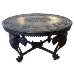 Anglo Indian Carved Table with Elephants Heads and Bone Tusks
