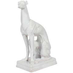 Majolica Terracotta Italian Greyhound Dog, on a Plinth Base