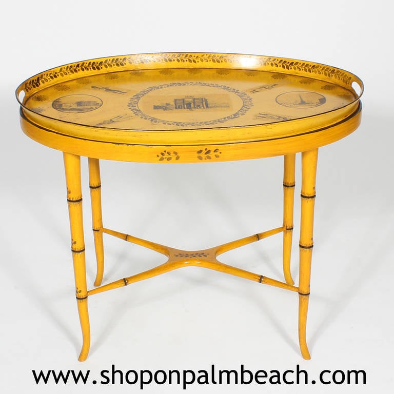 Neoclassical Style Yellow Tole Tray Table with a Custom Wood Base
