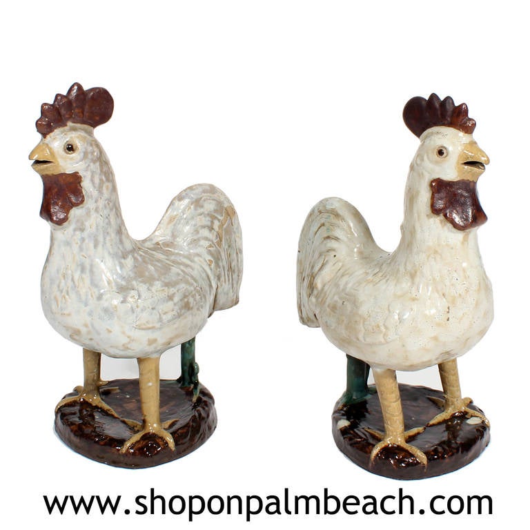 Pair of French Country Terra Cotta Folk Art Pottery Roosters