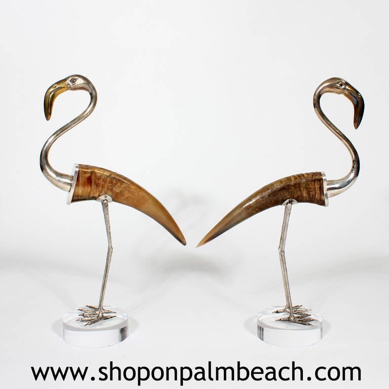 This is a dynamite pair of silvered metal, brass and horn flamingos mounted on Lucite bases, signed Binazzi of Italy. So sculptural, using the horns as bodies, adding metal heads and legs, the brass beaks are a wonderful contrasting feature. The