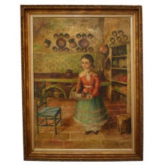 Charming Oil on Canvas Painting of a Young Girl in the Kitchen