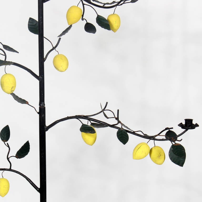 Italian Pair of Painted Tole and Iron Lemon Tree Candleholders