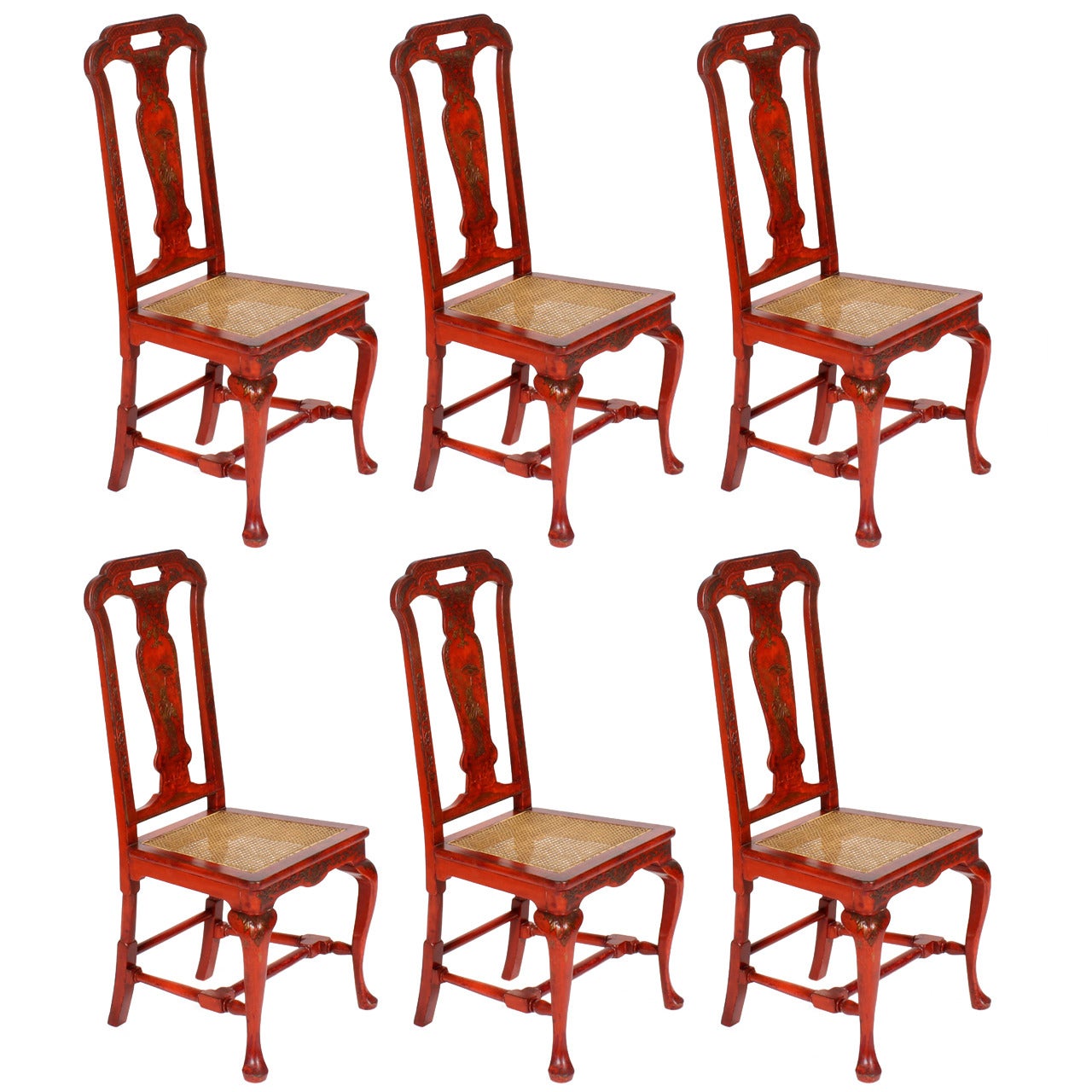 Set of Six Red Chinoiserie Decorated Georgian Style Dining Chairs