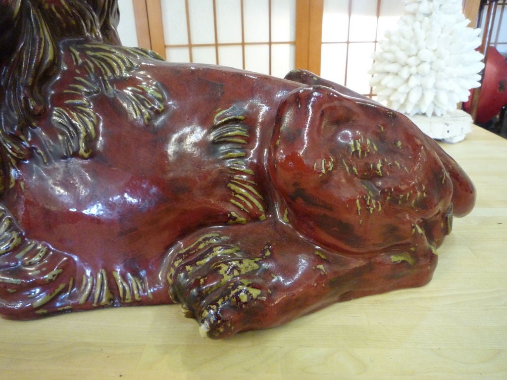 Pair of Early 20th Century Glazed Stoneware Hand Formed Lions 5