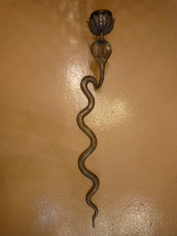 Matched Pair of Etched Brass Cobra Wall Sconces