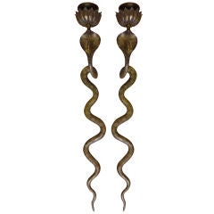 Vintage Matched Pair of Etched Brass Cobra Wall Sconces