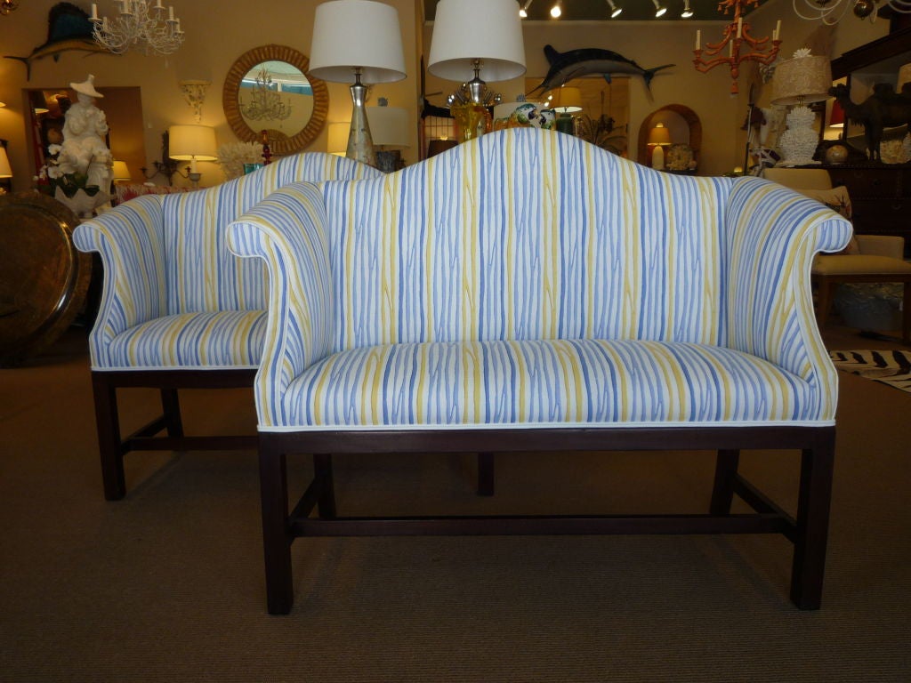 Pair of Custom Rolled Arm Mahogany Sofas or Settees