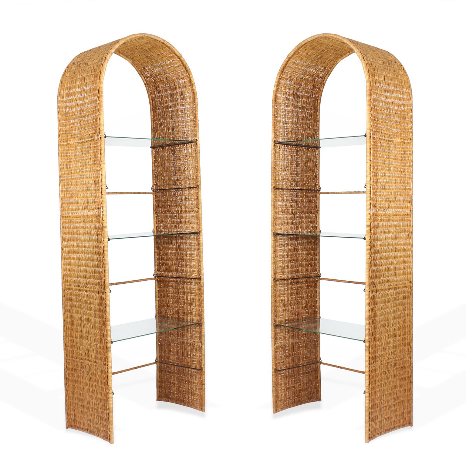 Pair of Tall Mid-20th Century Woven Wicker Bookcases or Etagere
