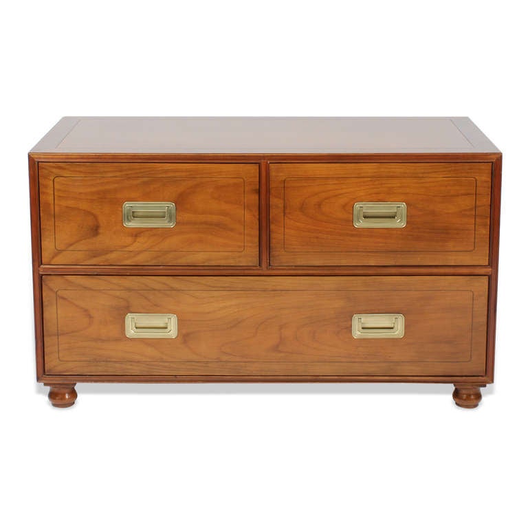 A pair of excellent quality Barker campaign style chests in cherry with line inlay, recessed brass hardware and turned feet. Beautiful finish and condition. Nicely polished and ready to go.

