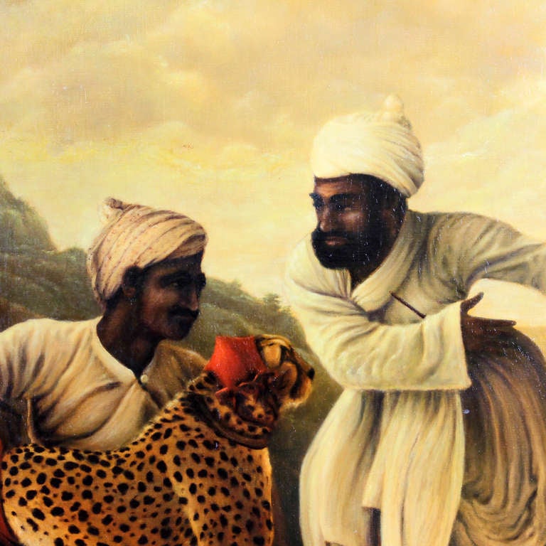 Large Orientalist Painting of Cheetah, Two Servants and Deer 1