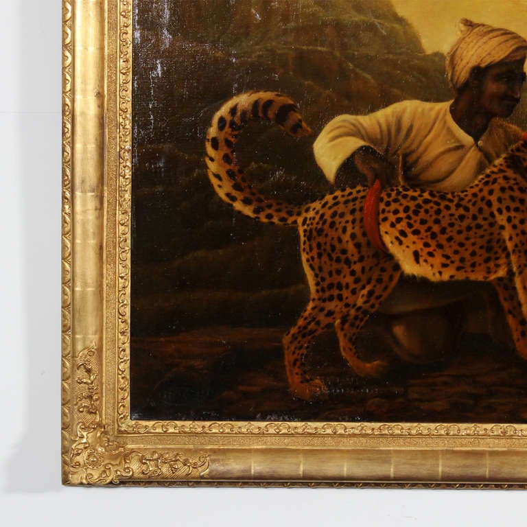 English Large Orientalist Painting of Cheetah, Two Servants and Deer