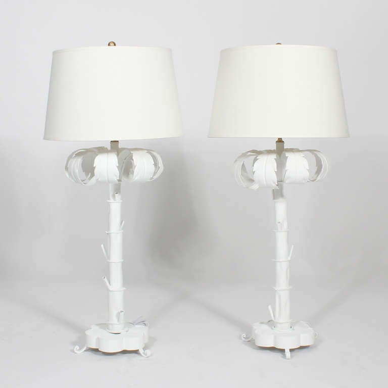 Pair of Mid 20th C. Painted Palm Tree Lamps