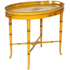 Retro Neoclassical Style Yellow Tole Tray Table with a Custom Wood Base