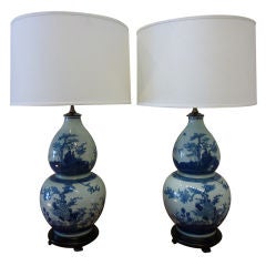 Pair of Blue and White Chinese Export Double Gourd Lamps