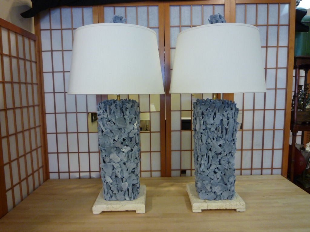 Pair of Large Blue Coral Lamps on Coquina Stone Bases