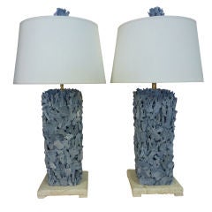 Pair of Large Blue Coral Lamps on Coquina Stone Bases