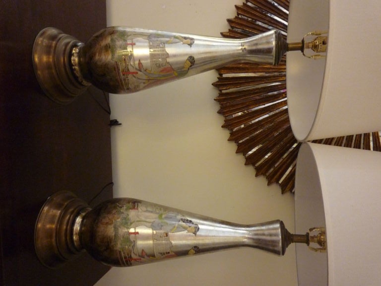 Mid-20th Century Pair of Reverse on Glass Painted and Decoupage Lamps