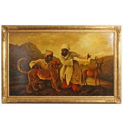 Large Orientalist Painting of Cheetah, Two Servants and Deer