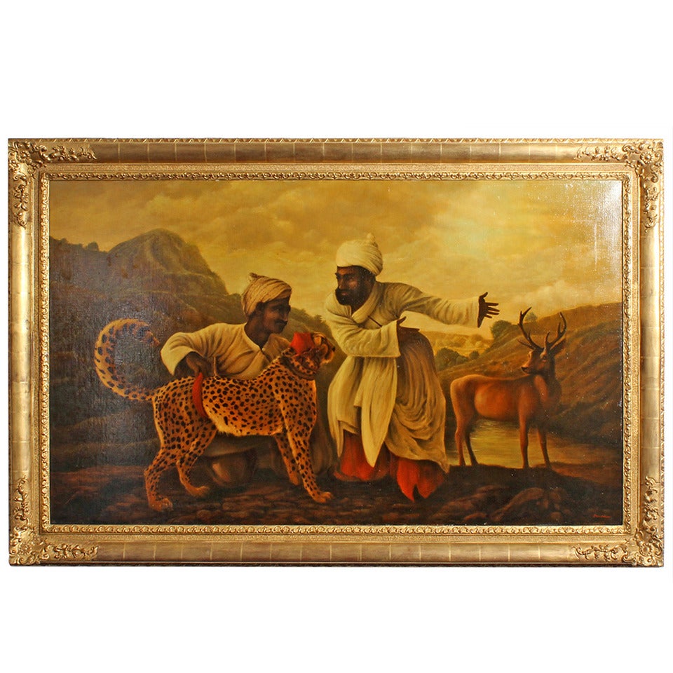 Large Orientalist Painting of Cheetah, Two Servants and Deer