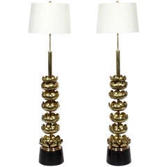 Retro Pair of Etched Brass Lotus Floor or Table Lamps