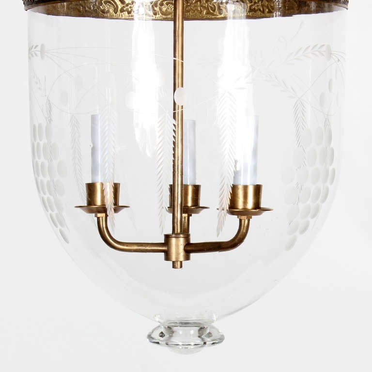 Belgian Etched Glass Bell Jar Hurricane Pendant Light or Lantern