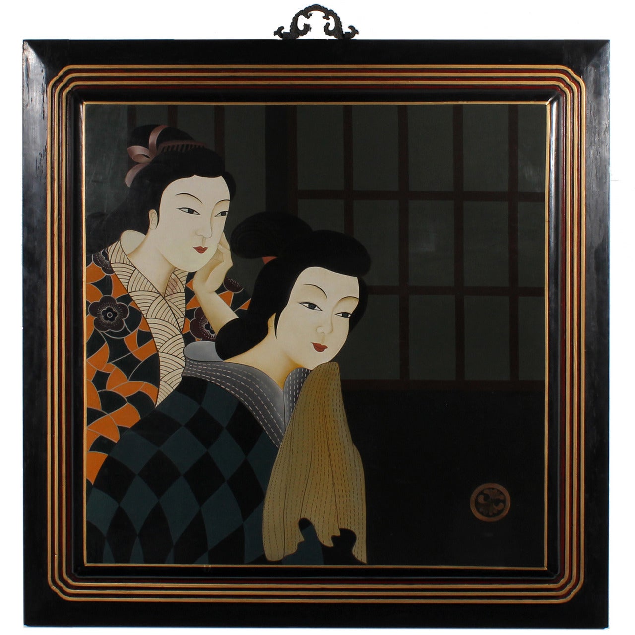 Large Oil on Wood Painting of Two Japanese Women