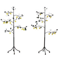 Pair of Painted Tole and Iron Lemon Tree Candleholders