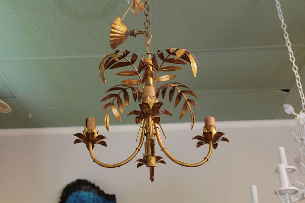 Mid-20th Century Italian 4 Arm Gilt Metal Palm Tree Bamboo Chandelier