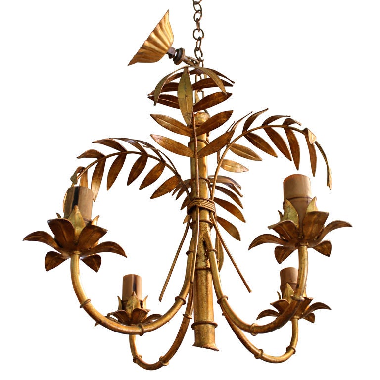 Italian 4 Arm Gilt Metal Palm Tree Bamboo Chandelier