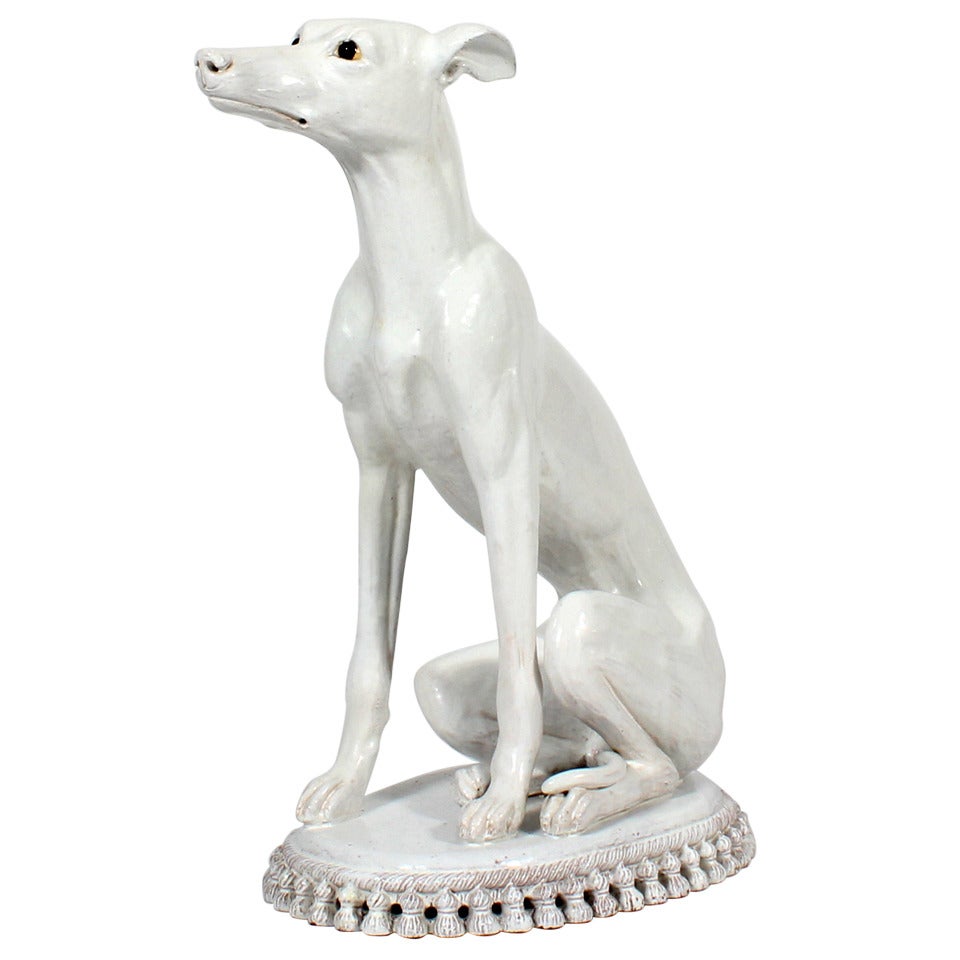 Early 20th C. Large Faience or Majolica Whippet or Greyhound Dog on Pillow