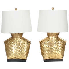 Pair of Hand Woven Brass Basket Form Lamps