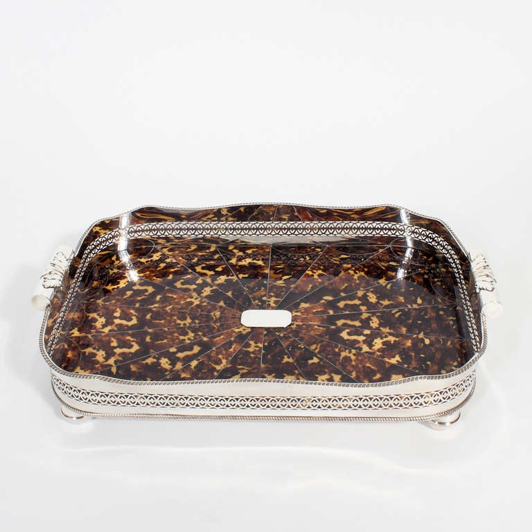 English Mid 20th Century Faux Tortoise Shell Silver Tray