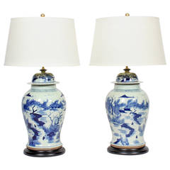 Pair of Blue and White Chinese Export Style Porcelain Lamps