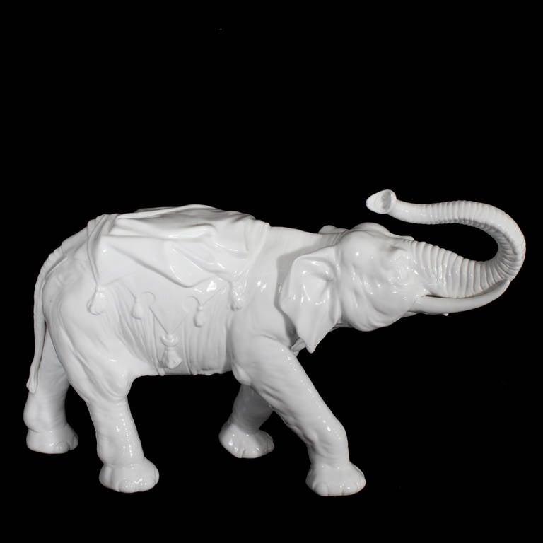 Large Dresdan White Porcelain Elephant In Excellent Condition In Palm Beach, FL