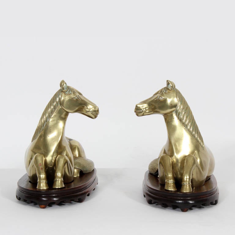 Chinese Pair of Horse Sculptures on Custom Stands For Sale