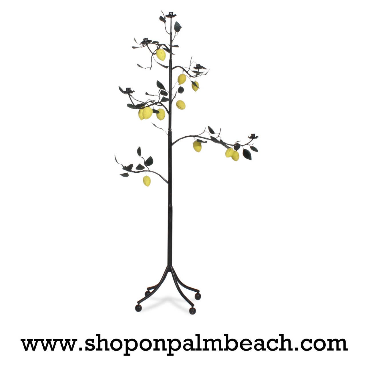Take a look at this whimsical pair of tole and iron lemon tree candlestands, or candelabrum with an iron trunk with multiple branches sporting bright yellow lemons, five candle cups per tree all supported on a four leg base with ball feet. Great