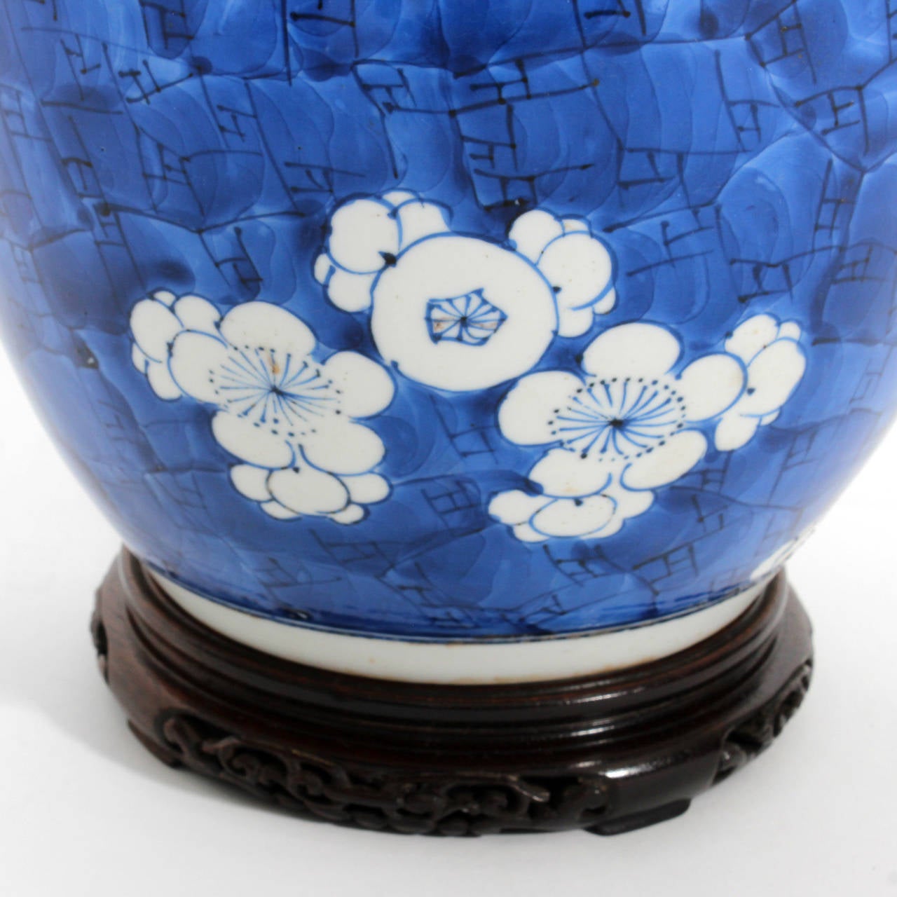 Large Prunus Motif Chinese Export Ginger Jar on Wood Base 2