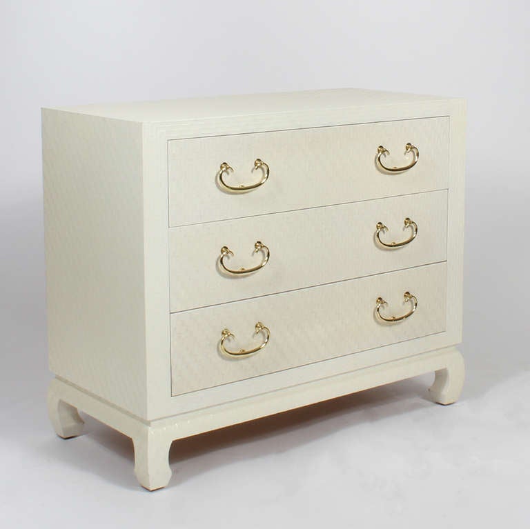 Pair of Baker White Painted Fabric or Raffia Chinese Style Chests