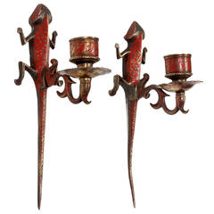Pair of Small Painted and Etched Brass Lizard Wall Sconces