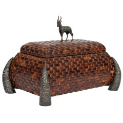 Maitland-Smith Coconut Box with Bronze Goat Figure and Horn Feet