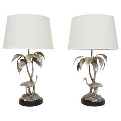 Pair of Ostrich and Palm Tree Silver Plated Lamps