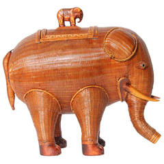 Vintage Woven Wicker Elephant with Baby Rider Box