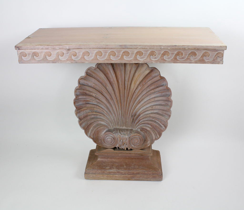 A shell console or entry table by Ed Wormley for Dunbar. Great limed pine finish.