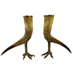 Beautiful Pair of Brass Mounted Steel Horn Vases with Talon Feet